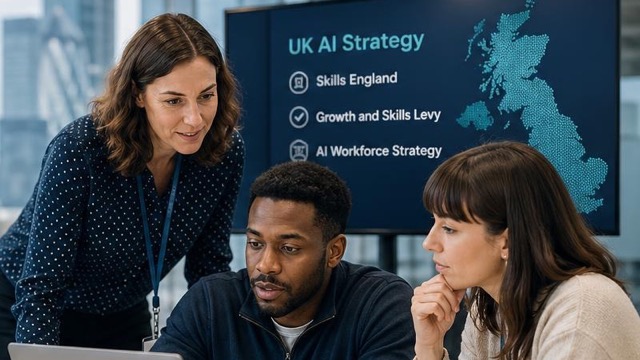 AI leadership course image showing a team reviewing AI strategy and skills priorities.