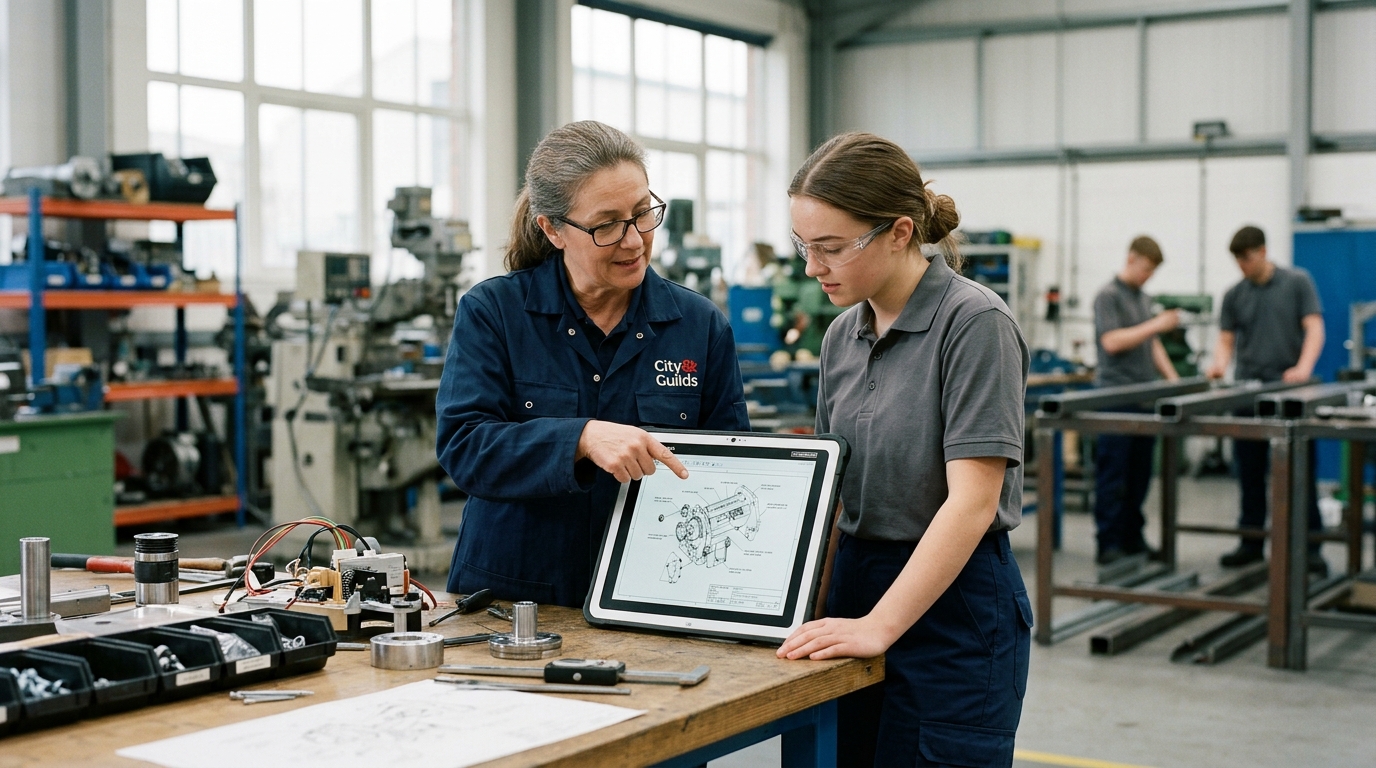 Vocational tutor and apprentice reviewing technical standard in training facility