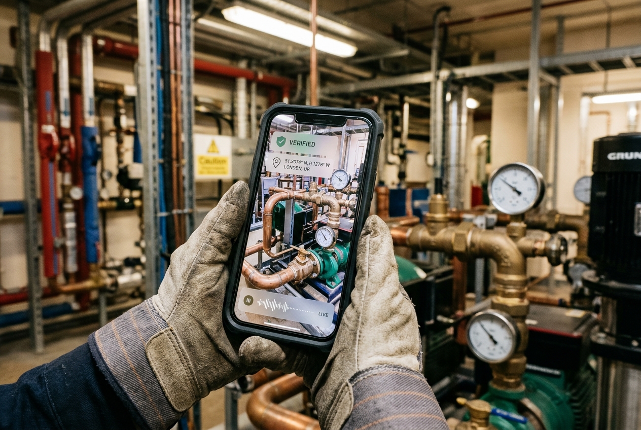 Gloved hands holding smartphone capturing live industrial valve work with translucent GPS, voice waveform, and verified shield overlays