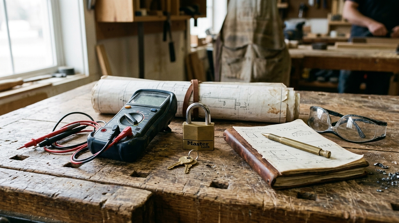 Authentic vocational trade tools on a wooden workbench