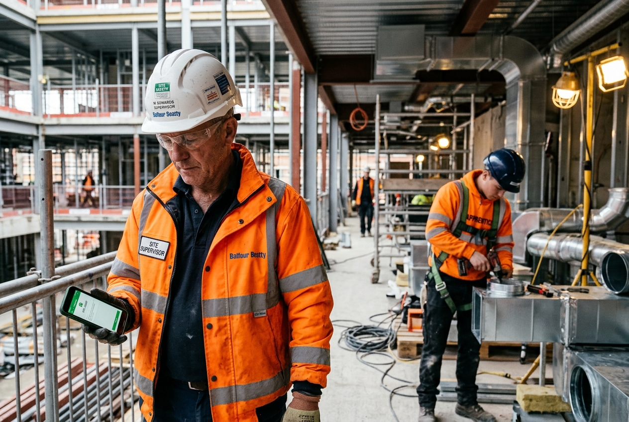 British construction site supervisor in hard hat checking green WhatsApp micro-briefing card on smartphone while apprentice works in background