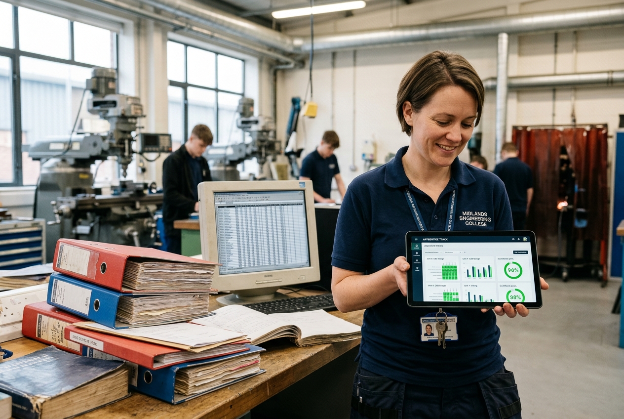Vocational engineering tutor holding tablet with green AI confidence badges contrasting with chaotic paper spreadsheets