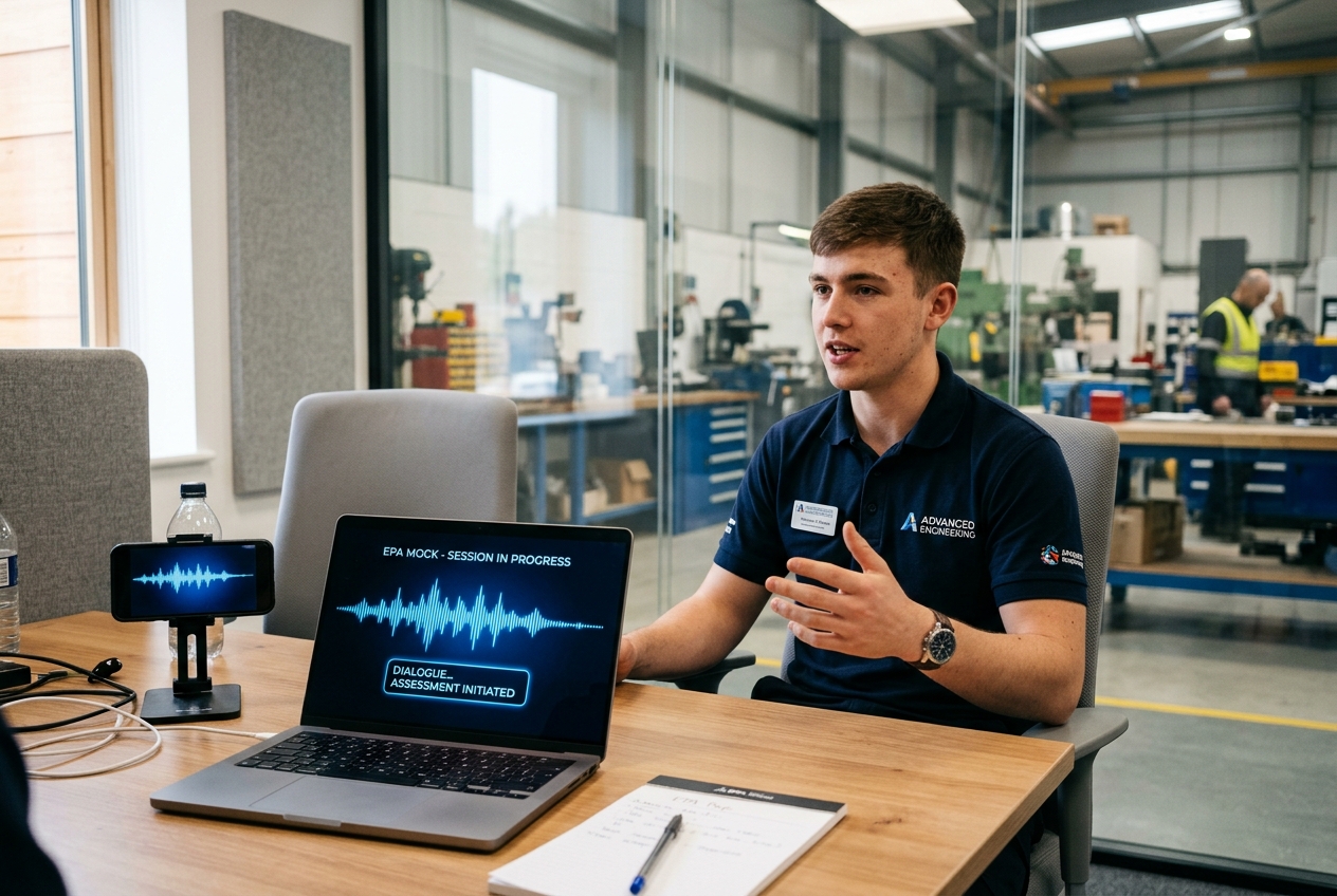 Confident UK engineering apprentice practicing End-Point Assessment interview with conversational voice AI waveform on laptop and smartphone