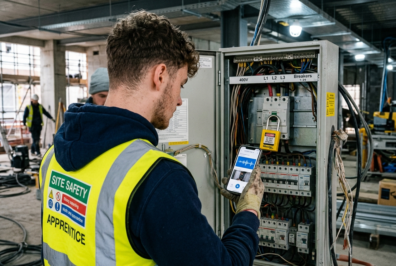 Electrical apprentice on UK construction site using smartphone to capture voice and photo evidence