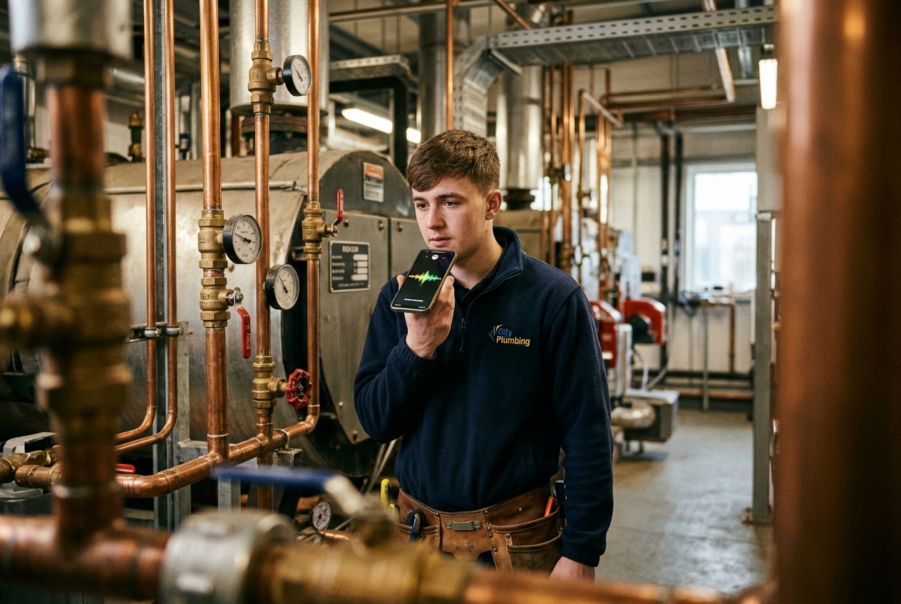 Plumbing and heating apprentice in plant room speaking a reflective response into a smartphone with glowing voice prompt wave
