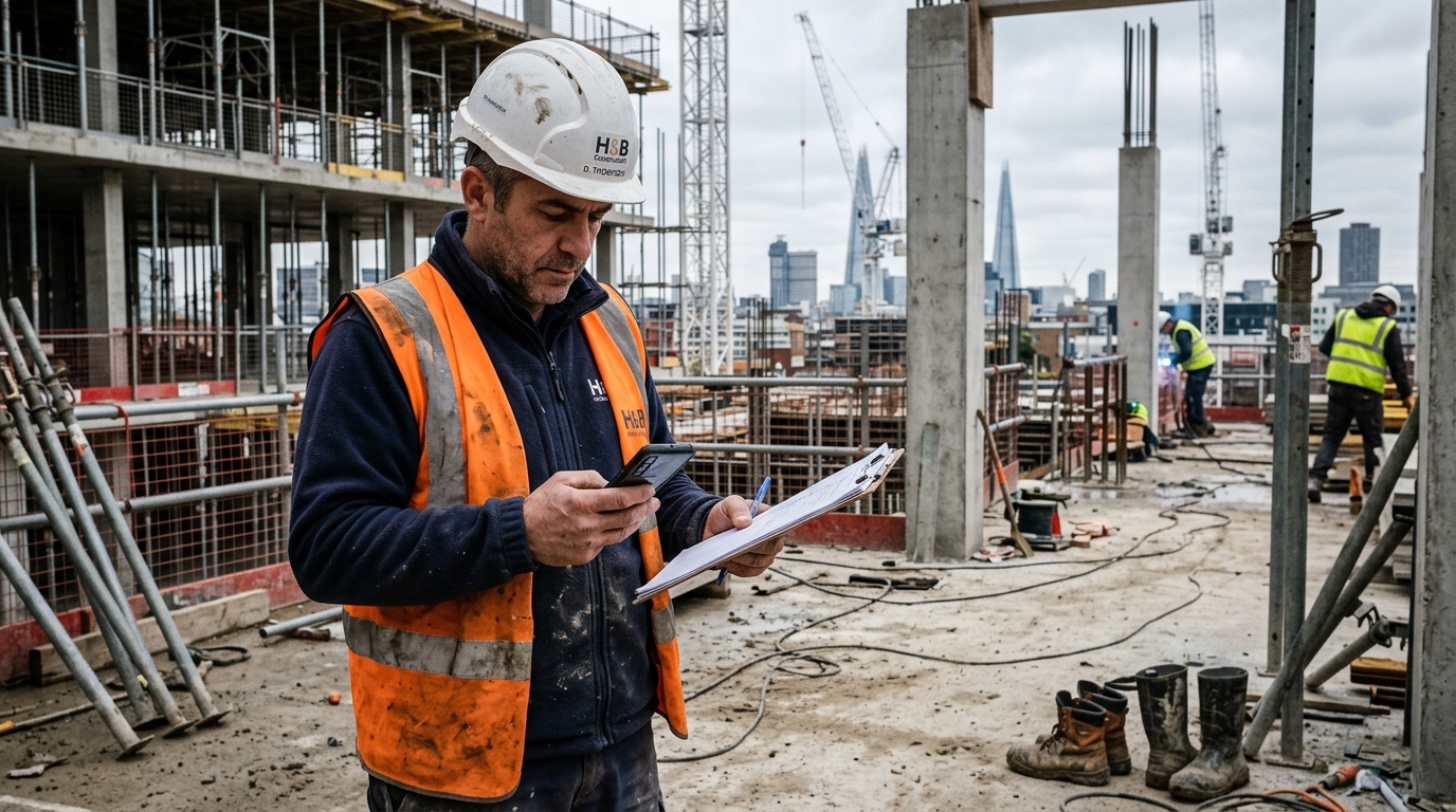 British construction site manager checking mobile message during inspection